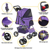 Pet Stroller for Dogs & Cats w/ 4 Wheels Pet Travel Carrier Dog Stroller Purple